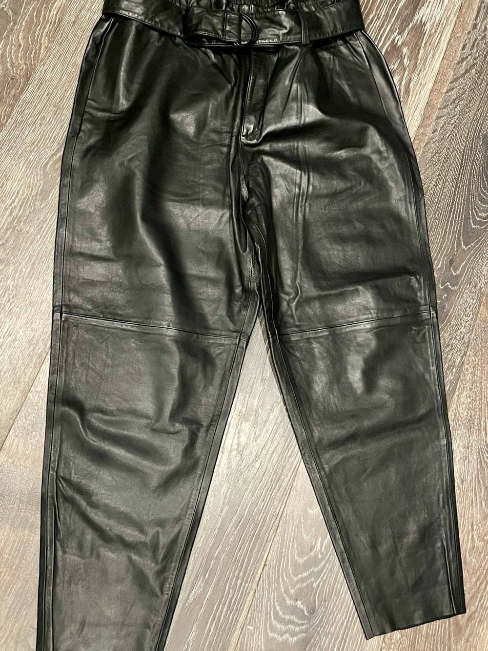 All Saints Women’s Black Leather Paper Bag Style Pants